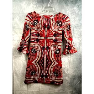 New York & Co Knee Length Shift Dress sz small Red Paisley Geo MOD Bell Sleeve